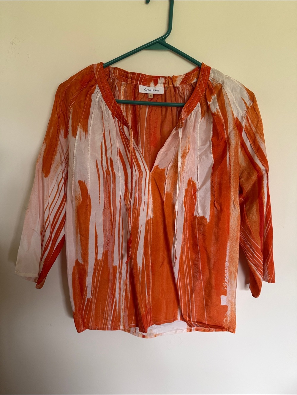 Calvin Klein Orange & White Brushstroke Open Tie Blouse